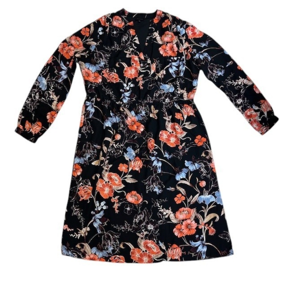 Who What Wear Floral‎ Print Dress Long Sleeve V Neck Black XXL
